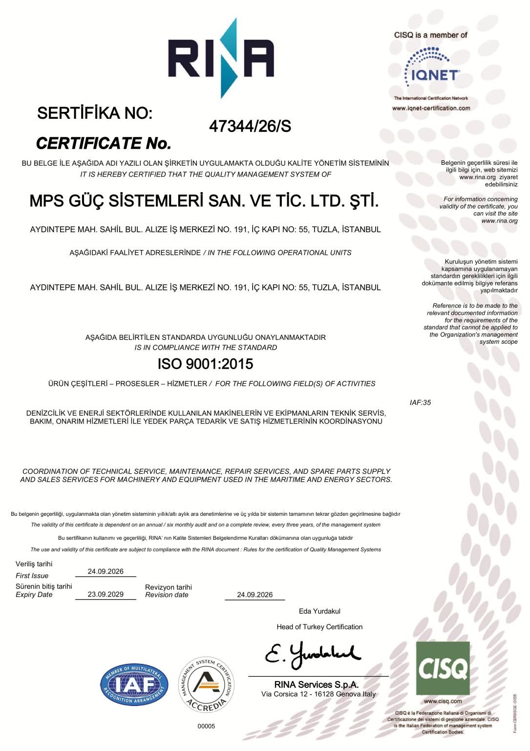 MARINISE RINA ISO 9001:2015 Sertifikasyonu